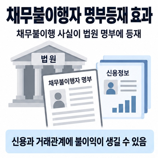 채무불이행자 명부등재 효과라는 제목과 법원 문서, 채무자 명부, 신용정보 아이콘을 함께 표현한 대표 이미지