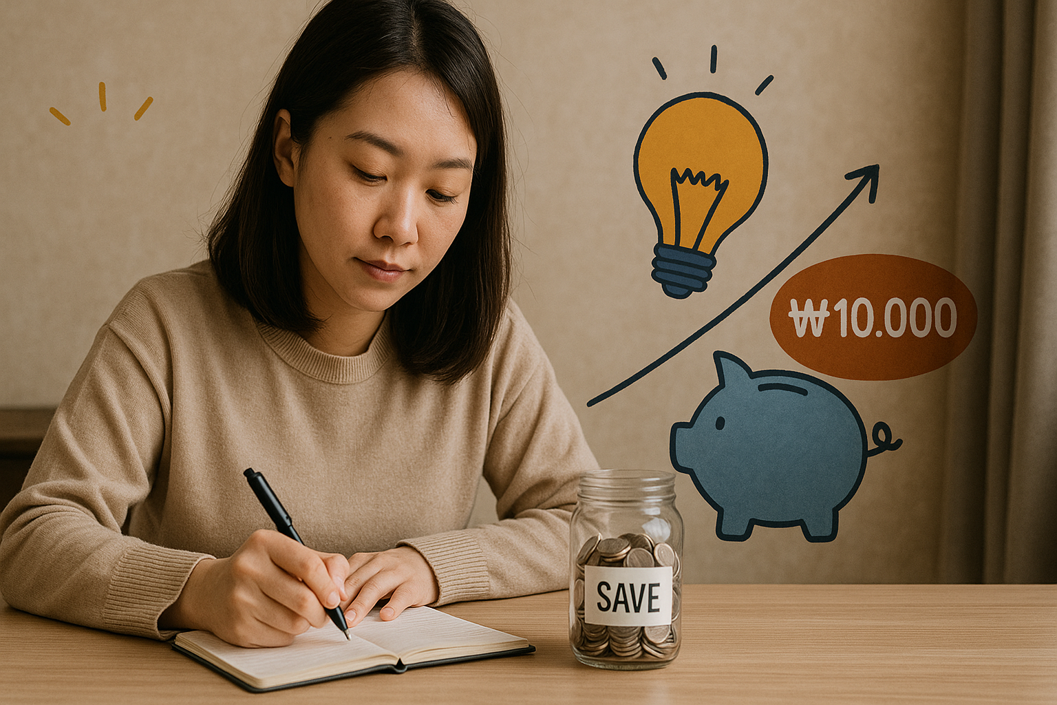 젊은 여성이 저금통 옆에서 절약 계획을 노트에 기록하고 있는 모습