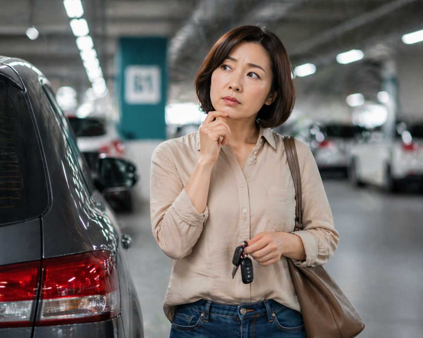 주차장에서 주차를 마치고 걸어가던 중 시동을 껐는지 기억이 안나 다시 생각하는 모습