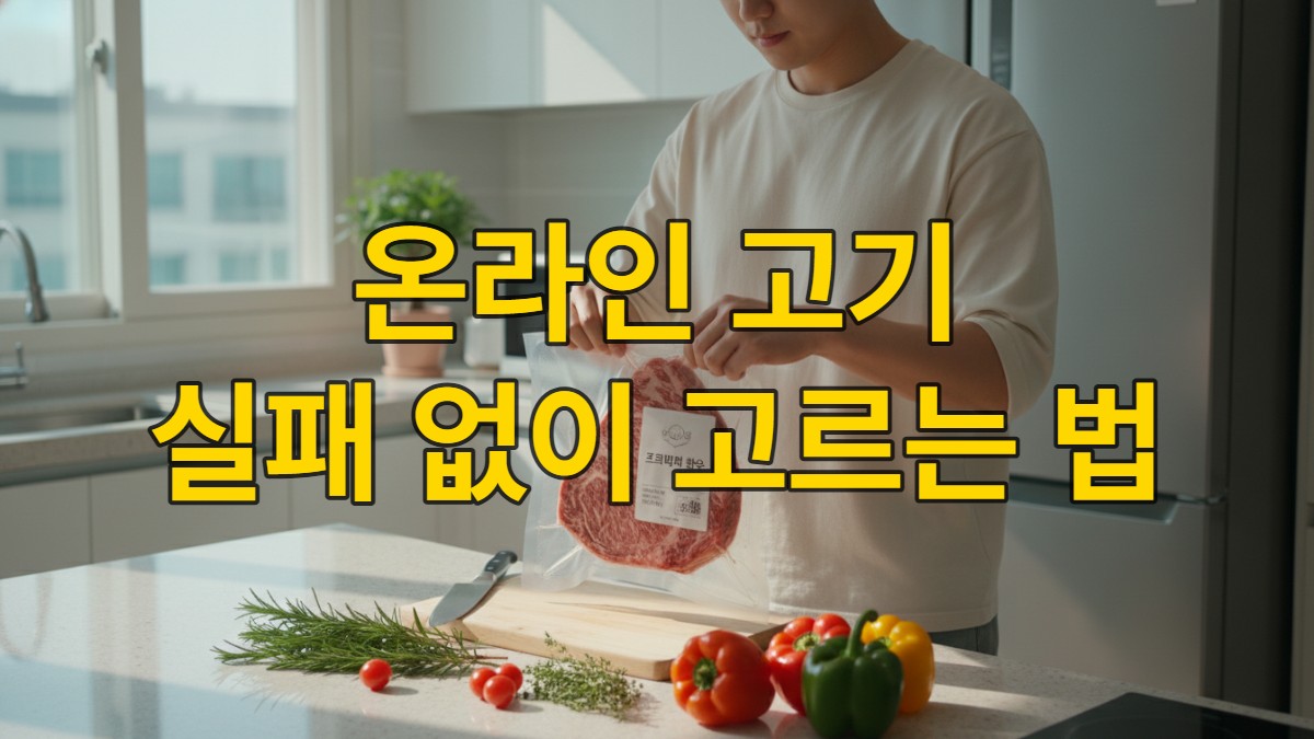 신선한 진공 포장 프리미엄 한우를 조심스럽게 개봉하는 한국인의 모습이 보이는 밝은 주방. 건강한 식단을 위한 고품질 축산물 온라인 구매.