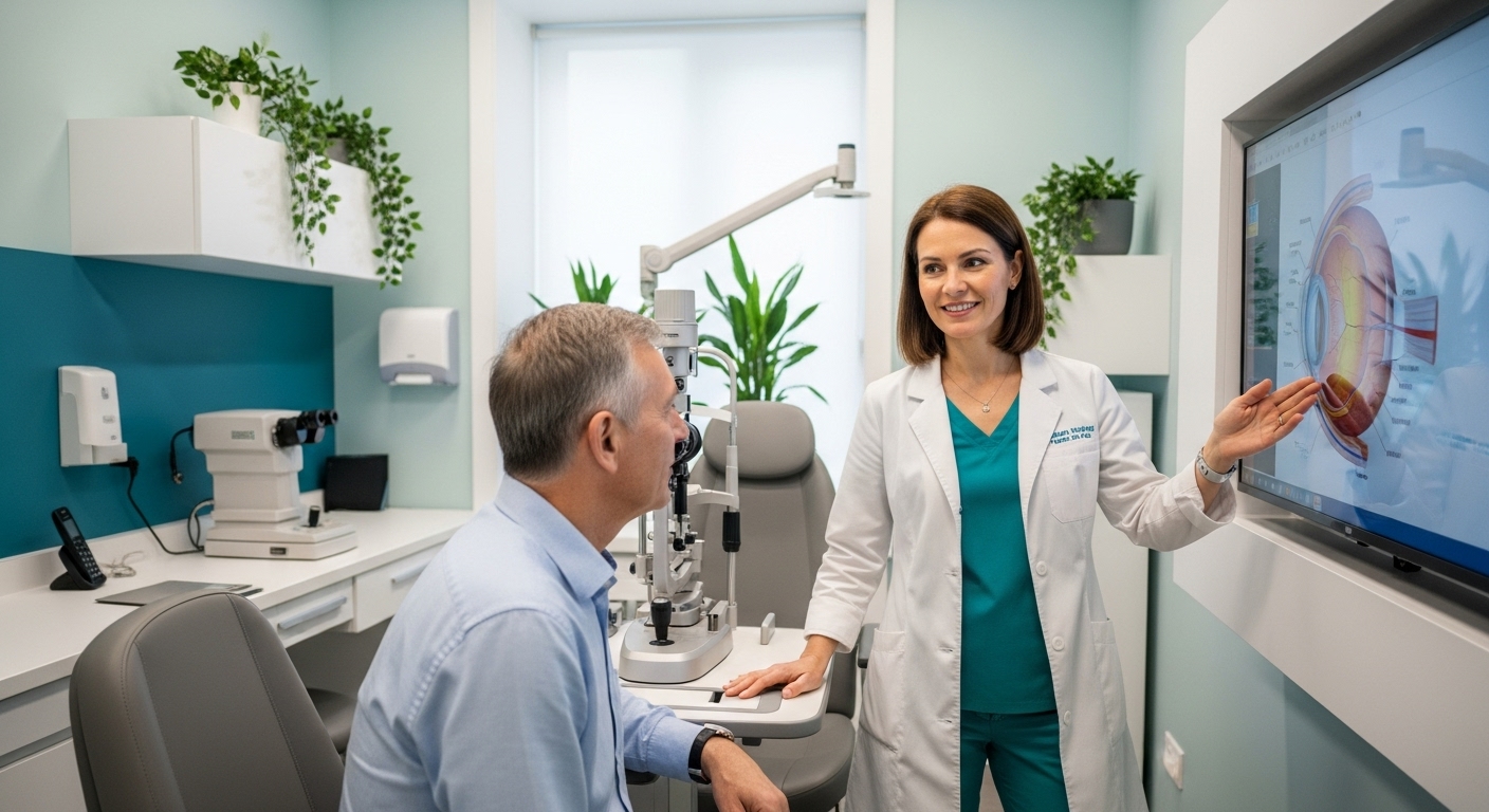 안과 전문의가 환자에게 시력 교정술에 대해 친절하게 설명하는 상담 장면.