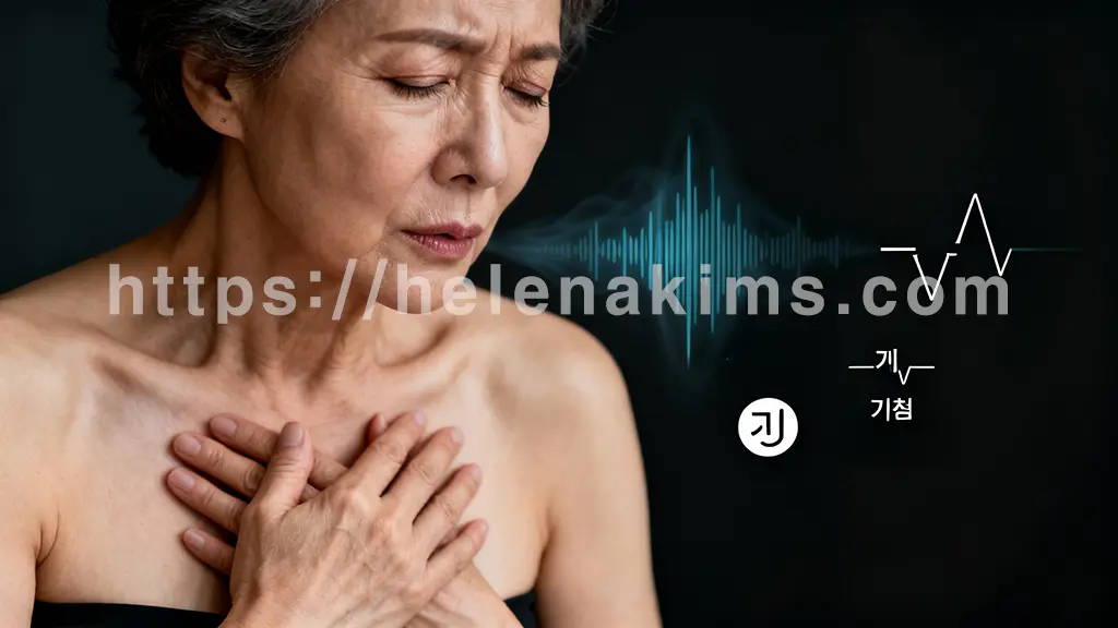 어두운 배경에 50대 여성의 가슴과 목 부위에 초점을 맞춰, 답답한 가슴에 손을 얹거나, 숨쉬기 힘들어 미간을 찌푸리는 모습.