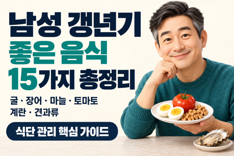 남성 갱년기에 좋은 음식 15가지 총정리｜굴&middot;장어&middot;마늘&middot;토마토&middot;계란&middot;견과류&middot;테스토스테론 높이는 식단