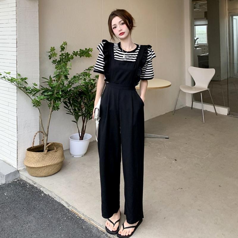블랙 멜빵 바지 여자 여름 와이드 레그 팬츠