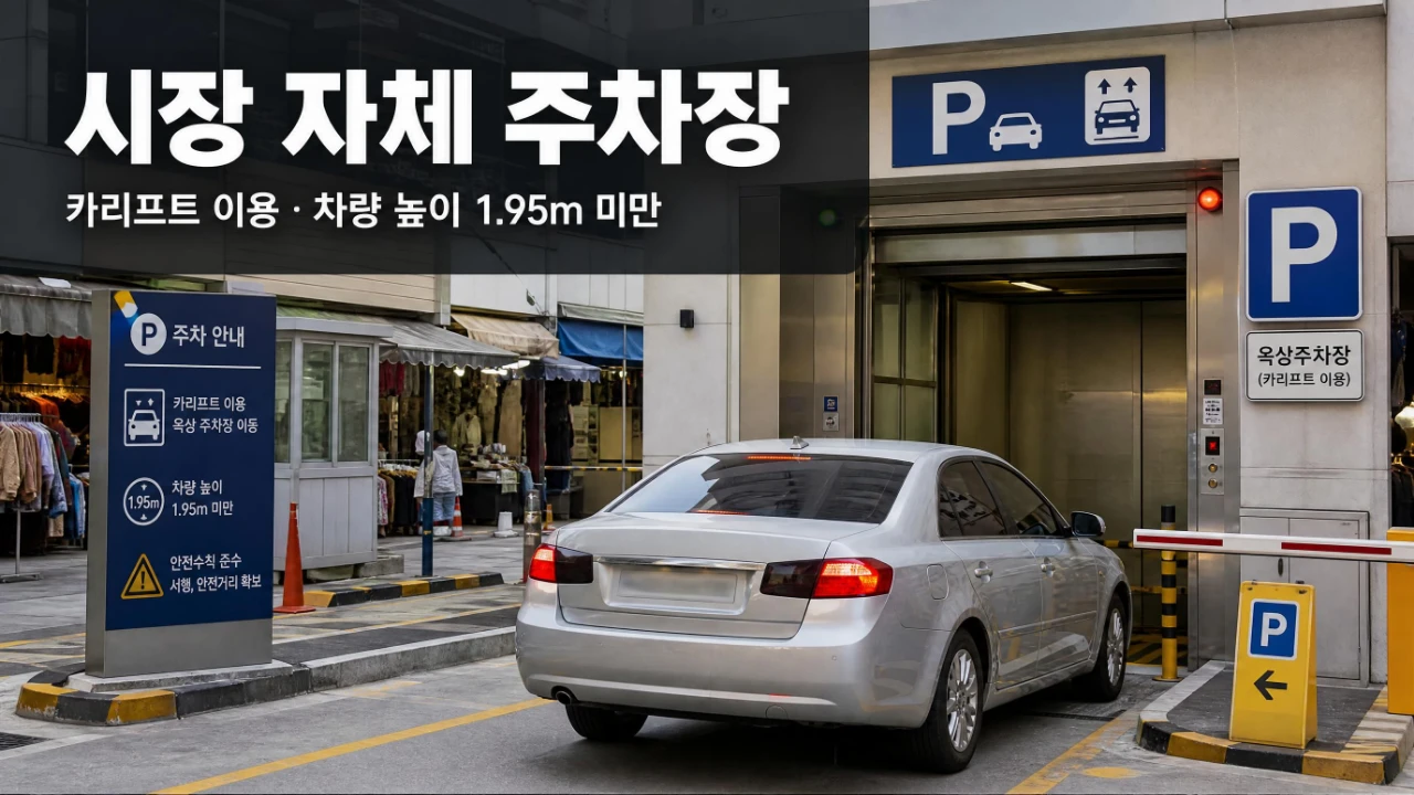 동대문종합시장 옥상 주차장으로 이동하는 카리프트와 차량 진입 모습