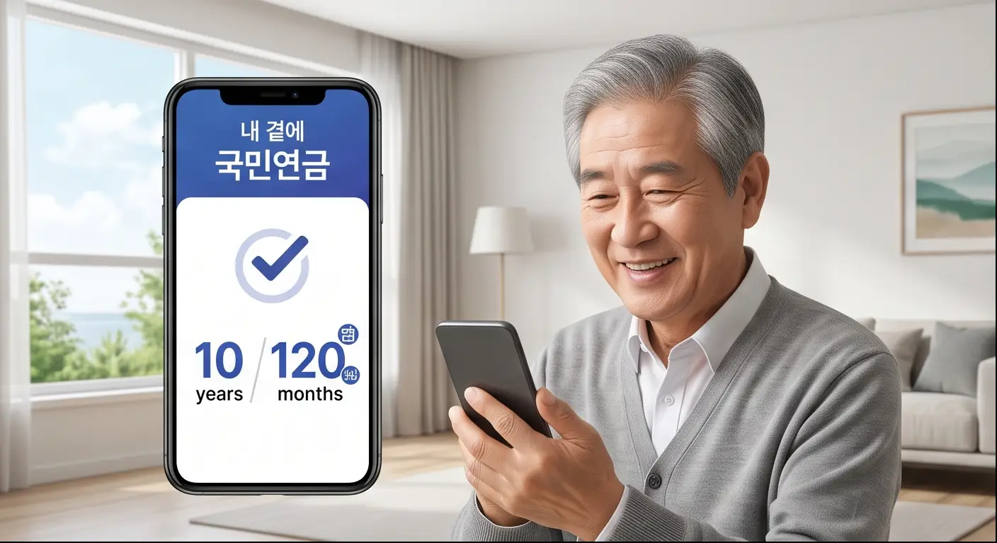 스마트폰으로 '내 곁에 국민연금' 앱을 통해 국민연금 최소 가입기간 10년(120개월) 충족 여부를 확인하며 미소 짓는 노년 남성
