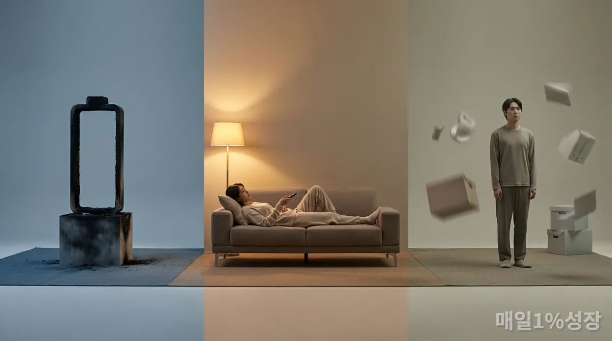 번아웃, 게으름, 무기력을 상징하는 세 가지 이미지 비교