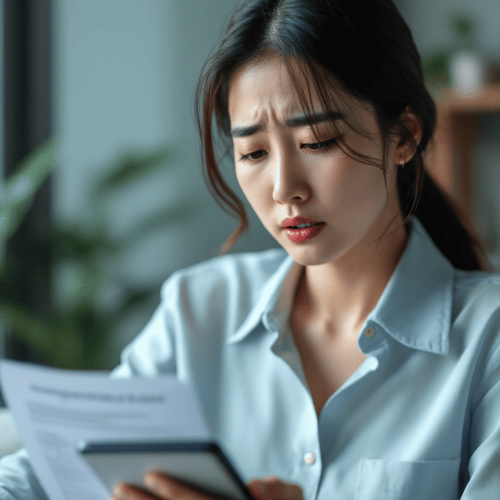 한-여성이-걱정하는-표정으로-서류를-보고-있음