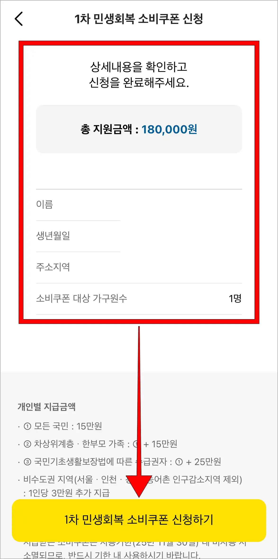 상세내용을 확인하고, '1차 민생회복 소비쿠폰 신청하기'를 선택