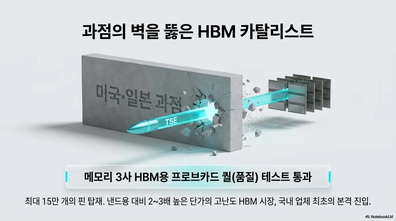 티에스이 주가전망: 티에스이가 미국&middot;일본이 과점하던 HBM용 프로브카드 시장의 벽을 뚫고 메모리 3사 퀄 테스트를 통과했음을 표현한 이미지. 최대 15만 개 핀이 탑재되는 고난도 HBM 시장에 국내 업체 최초로 본격 진입한 구조적 변화를 시각적으로 전달하며 티에스이 주가 전망을 설명함 
