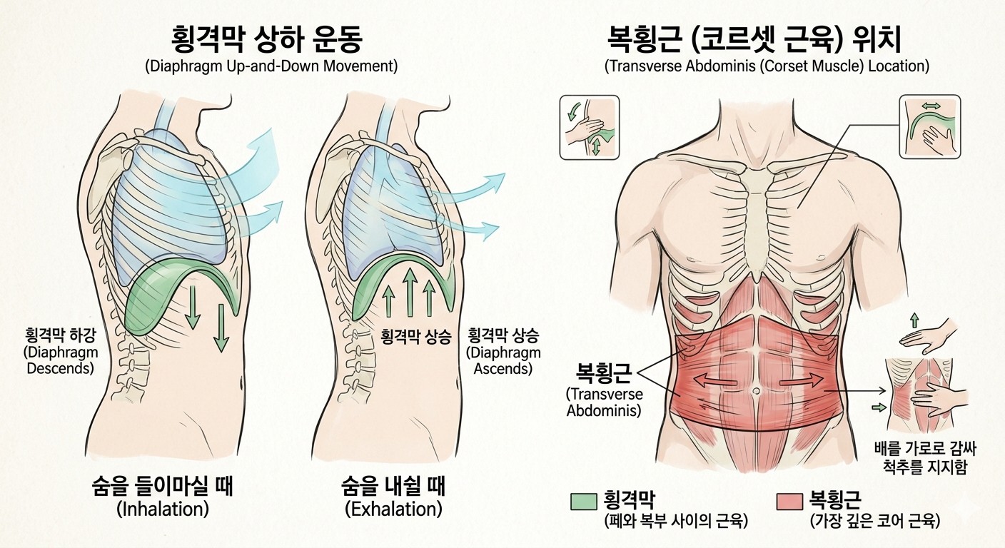 횡격막 상하 운동은 숨을 들이마실 때 내려가고 내쉴 때 올라가며, 복횡근(코르셋 근육)은 배를 가로로 감싸고 있는 코어 근육의 위치를 보여주는 이미지