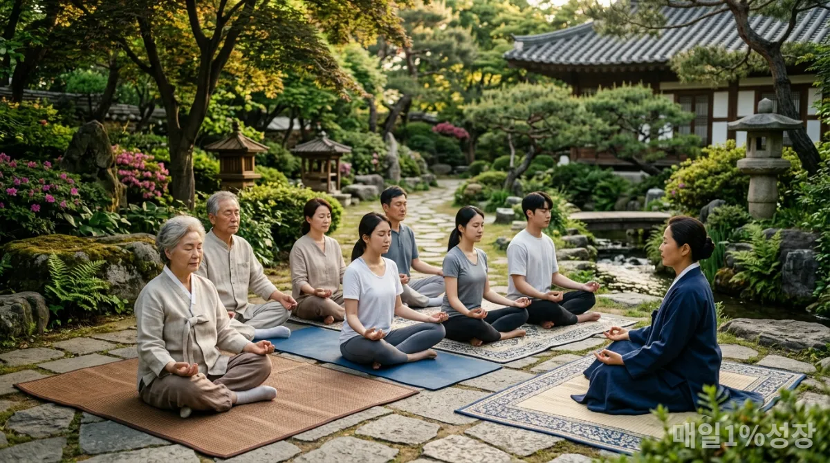 자연 속에서 명상하는 다양한 연령대의 한국인 그룹