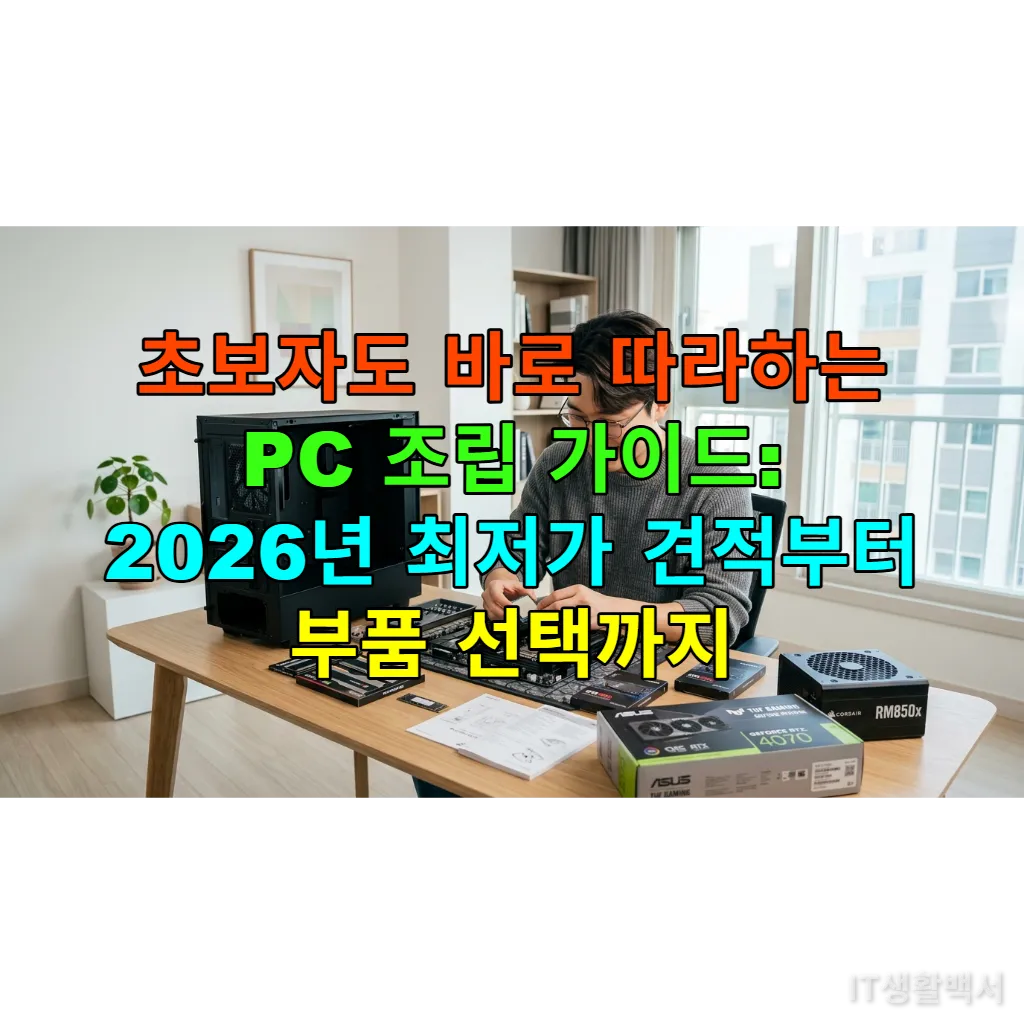 책상에 PC 부품을 펼쳐놓고 CPU를 메인보드에 장착하려는 젊은 한국인 남성 또는 여성의 모습