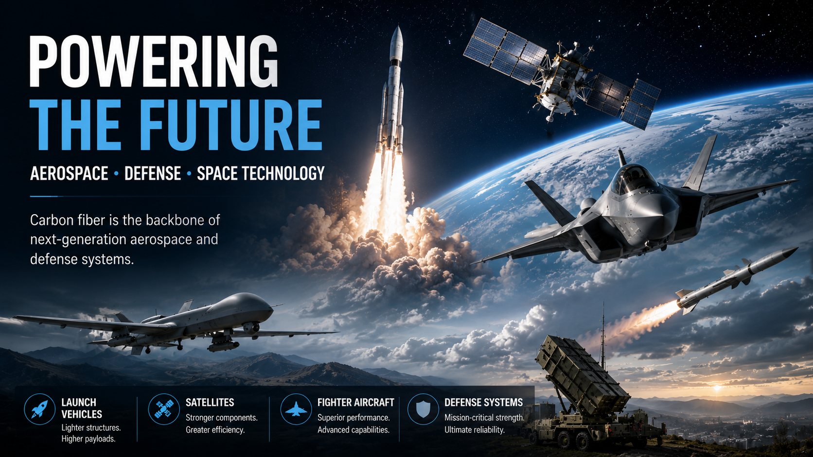 Carbon fiber applications in aerospace defense satellites rockets fighter jets and missile systems