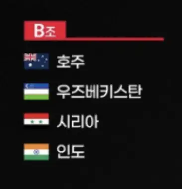 카타르 아시아- 검은색 바탕 붉은색네모 안 흰글씨 B조 아래 흰글씨 호주 밑 우즈베키스타 밑 시리아 밑 인도