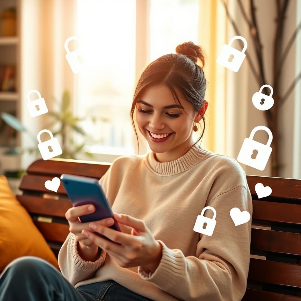 밝고 편안한 배경(예: 따뜻한 색감의 집 안, 공원 벤치)에서 한 사람이 스마트폰을 보며 미소 짓거나 안심하는 표정을 짓고 있습니다. 스마트폰 화면에는 은행 앱, 온라인 결제 성공 화면 등 긍정적인 금융 활동 이미지를 작게 보여줄 수 있습니다. 주변에 자물쇠나 하트 아이콘 등을 은은하게 배치하여 안전함과 행복감을 동시에 나타냅니다.