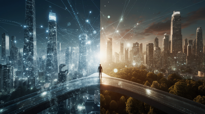 한 사람이 두 세계, 즉 디지털 세계와 유기 세계를 잇는 다리 위에 서 있는 이미지
