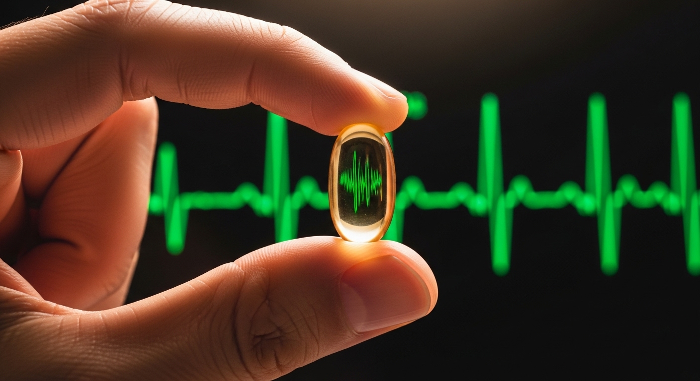 손 위에 오메가3 캡슐이 놓여 있고, 그 배경에 건강한 심장 박동 그래프가 보이는 이미지