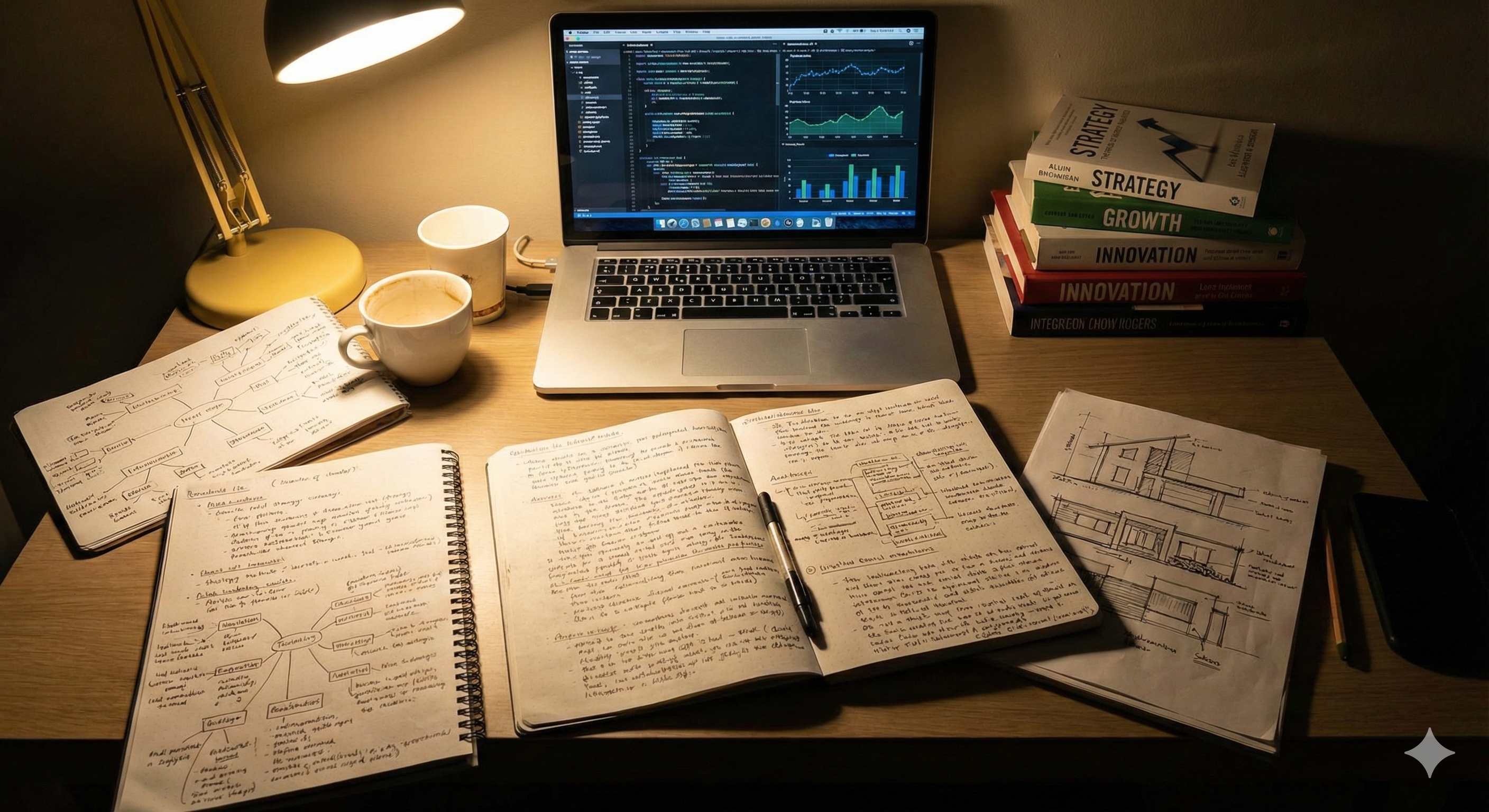 밤늦은 시간까지 불이 켜진 책상 위, 복잡한 아이디어 스케치와 데이터 분석 화면이 가득합니다. 목표를 향한 woooozin님의 끊임없는 노력과 깊은 고민의 과정을 생생하게 보여줍니다.