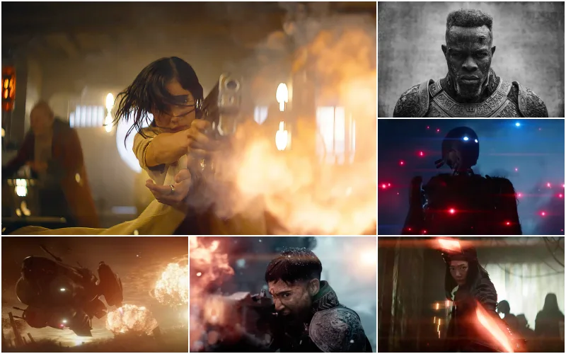 넷플릭스 레벨 문에서 군단과 싸우고 있는 코라와 그의 동료들