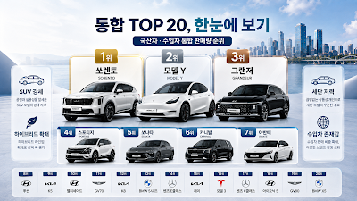 국산차·수입차 통합 자동차 판매량 TOP 20 순위를 시각적으로 정리한 이미지