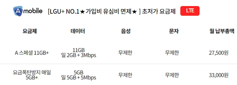 에이(A)모바일-알뜰폰-문자,전화,데이터-무제한-요금제-비교및추천