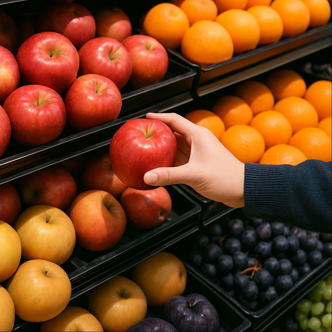 신선한 과일 고르는 모습, 마트에서 사과를 선택하는 장면