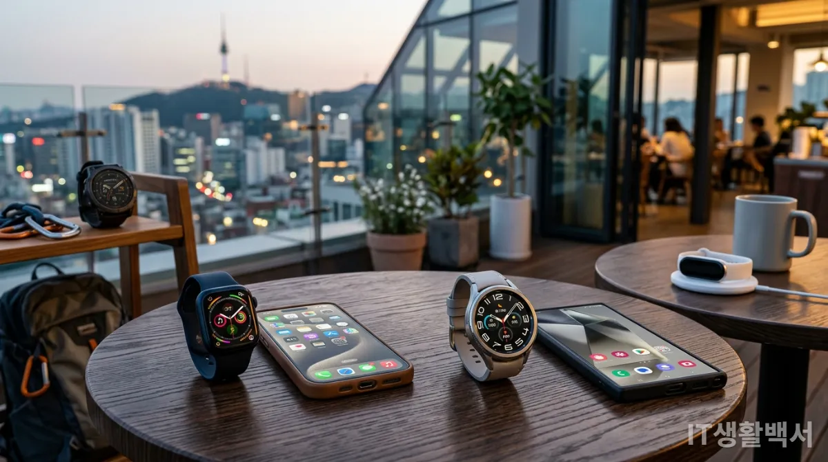 애플, 삼성, 가민 등 다양한 브랜드의 스마트워치가 비교된 모습