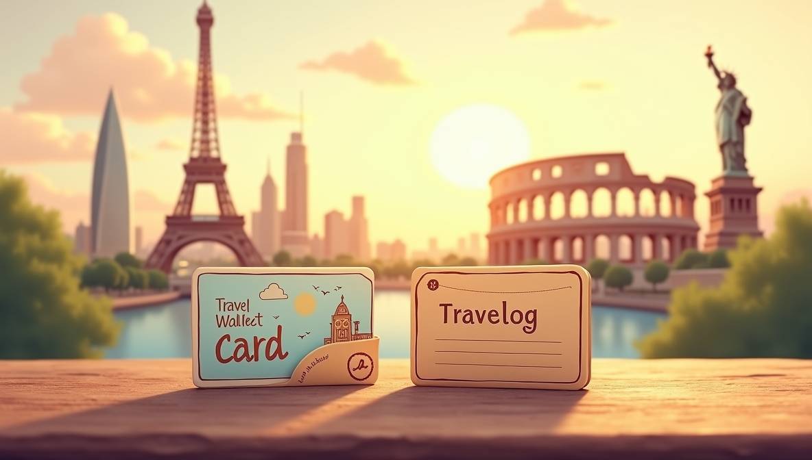 래블월렛 카드와 트래블로그 카드가 해외 유명 관광지 배경 위에 나란히 놓여 있는 감성적인 이미지