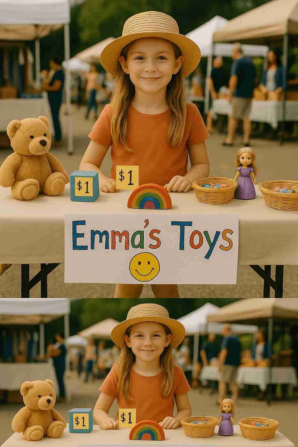 노란 밀짚모자를 쓴 어린 소녀가 장터 테이블에 장난감을 진열해 놓고 웃으며 앉아 있다. 테이블 위에는 곰인형, 무지개 장난감, 작은 인형, 알록달록한 블록, 그리고 'Emma's Toys'라는 손글씨 팻말이 놓여 있다. 각 장난감에는 '$1'이라고 적힌 가격표가 붙어 있다. 배경에는 여러 부스와 사람들이 장터를 거니는 모습이 보인다