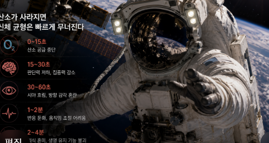 우주 진공 환경에서 산소 공급이 끊기자 우주복 생명 유지 장치가 작동하는 순간