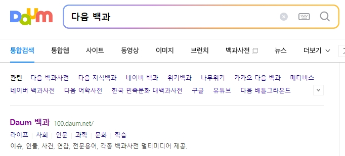 다음 백과 홈페이지에 접속한 화면