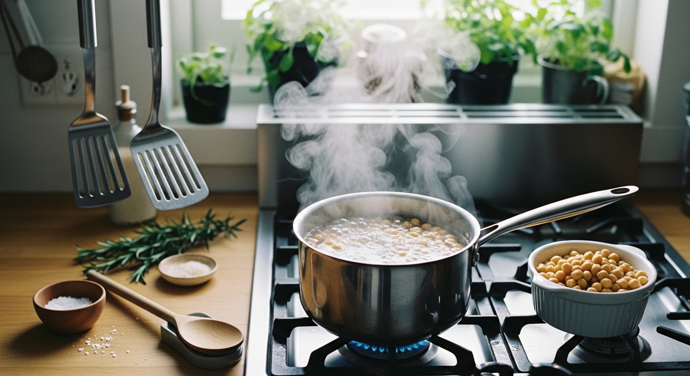 스토브-위에-냄비가-놓여-있고,-깨끗한-물에-병아리콩을-끓이고,-김이-모락모락-피어오르고,-간단한-조리-도구들이-보이는-세밀한-주방-장면입니다.