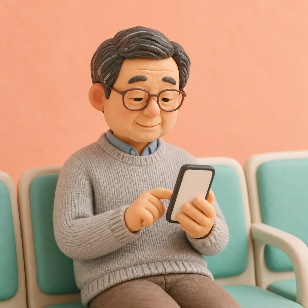 병원 대기실 의자에서 휴대폰을 조용히 쓰는 60대 남성