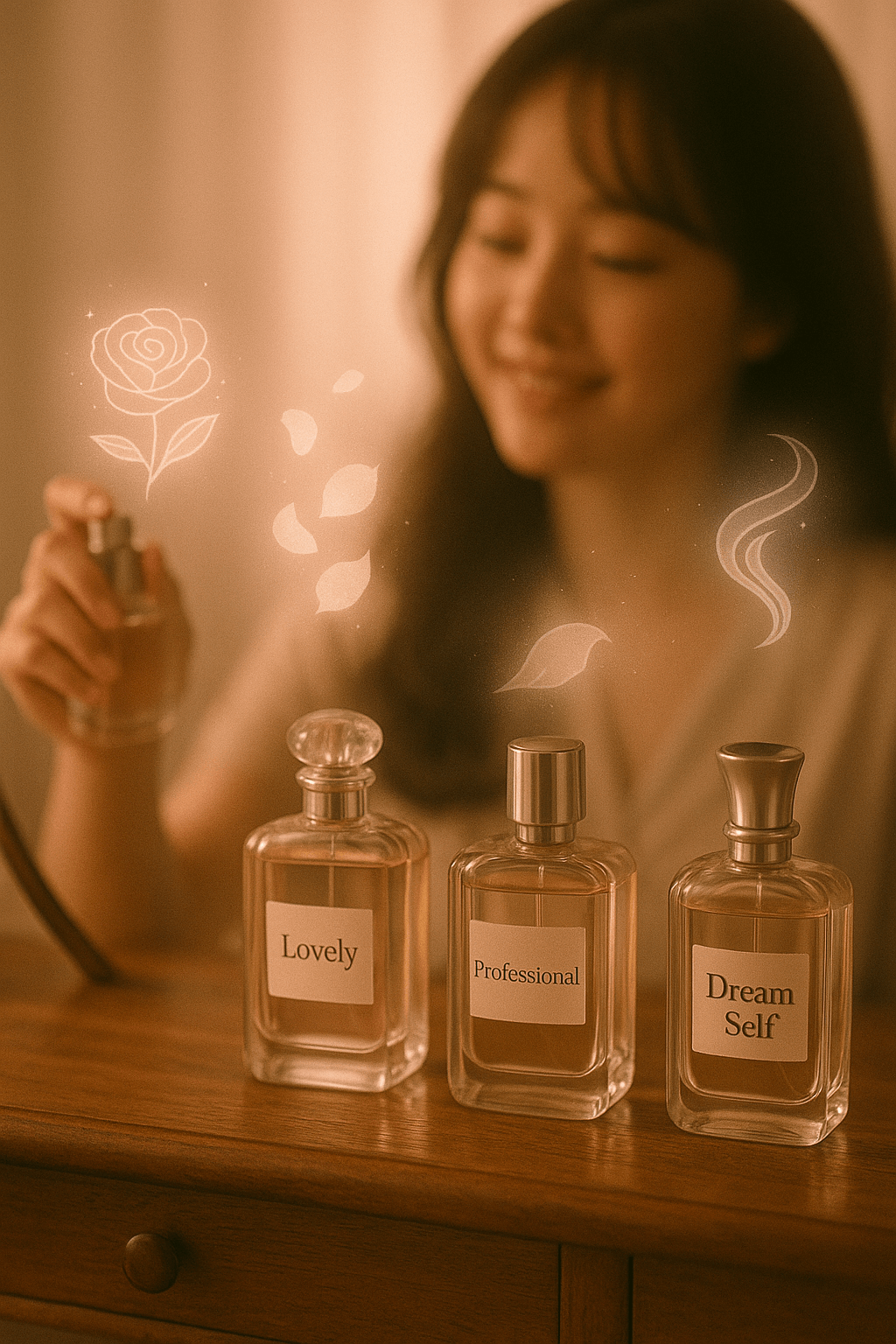 따뜻한 베이지빛 조명 아래 우아한 원목 화장대 위에 투명한 향수병 세 개가 놓여 있다. 각각 ‘Lovely’, ‘Professional’, ‘Dream Self’로 라벨링된 병 위로 머스크 장미, 파우더리 꽃잎, 메탈릭 스월의 향 아이콘이 감각적으로 떠오른다. 뒷배경에는 부드럽고 사랑스러운 인상의 여성이 시그니처 향수를 고르며 미소 짓고 있다. 향수 선택과 이미지에 어울리는 향수 추천을 시각적으로 보여주는 감성적인 시그니처 향수 이미지