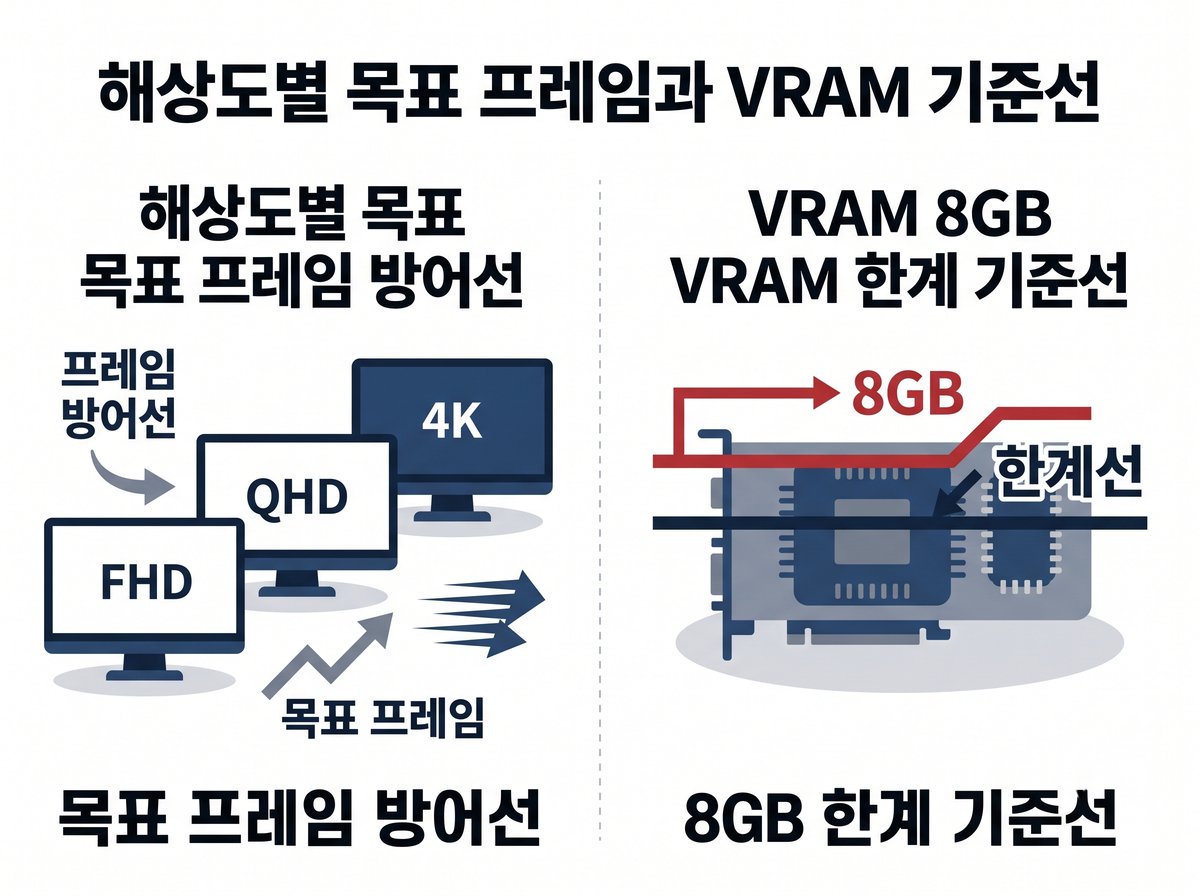 해상도별 목표 프레임 방어선과 VRAM 8GB 한계 기준선