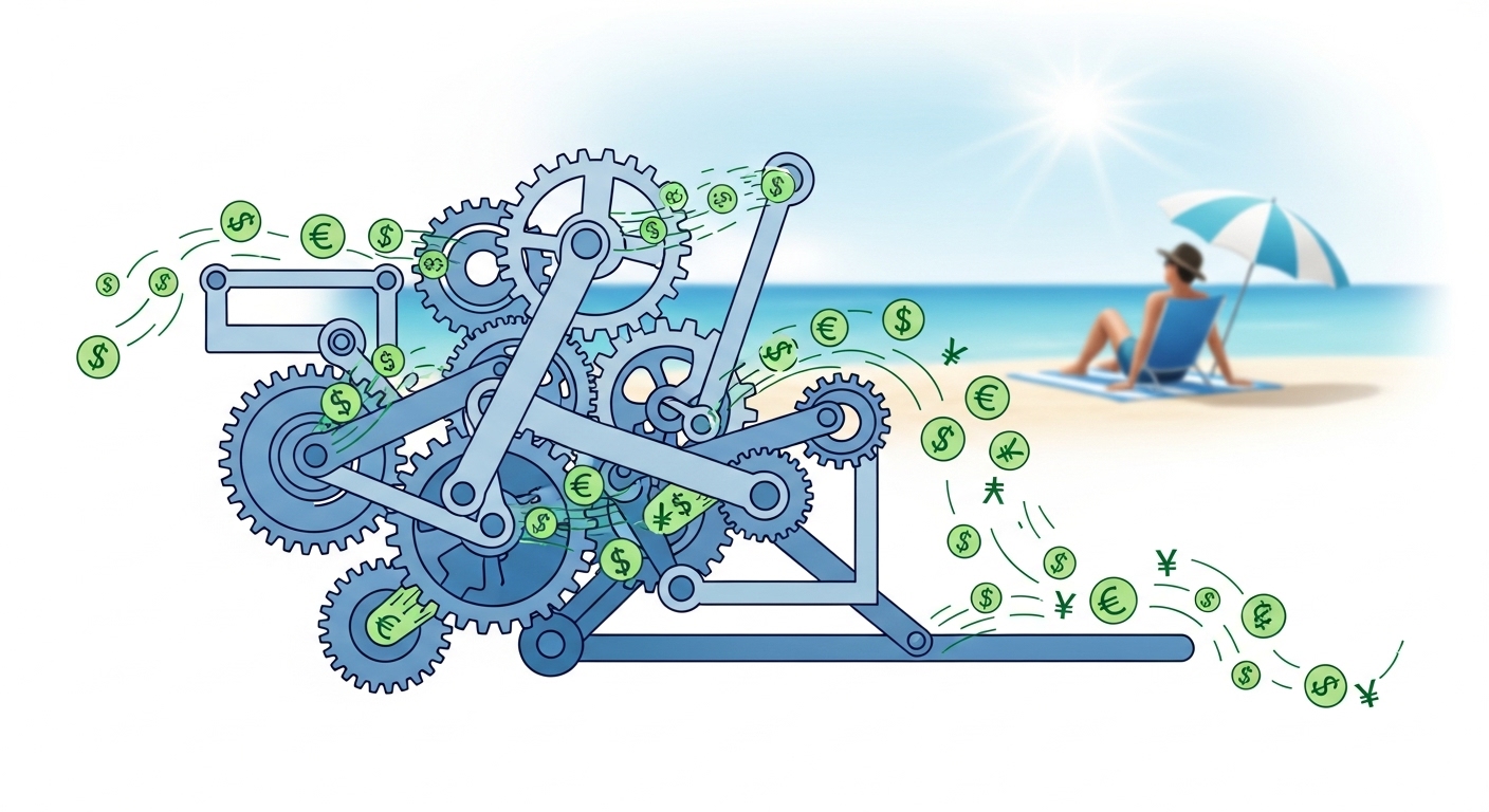 서로 맞물려 자동으로 돈을 버는 복잡한 비즈니스 시스템, 자동화된 수익과 경제적 자유를 상징하는 이미지