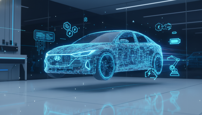 미래형 자동차 골격과 AI, 배터리, 로봇 기술을 상징하는 아이콘들이 결합된 현대자동차의 2025년 기술 혁신 비전 이미지