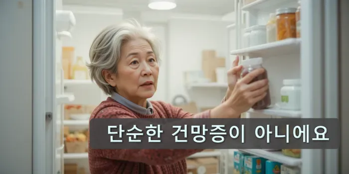 치매 초기증상으로 냉장고 문을 자꾸 열며 헷갈려하는 노년 여성의 모습