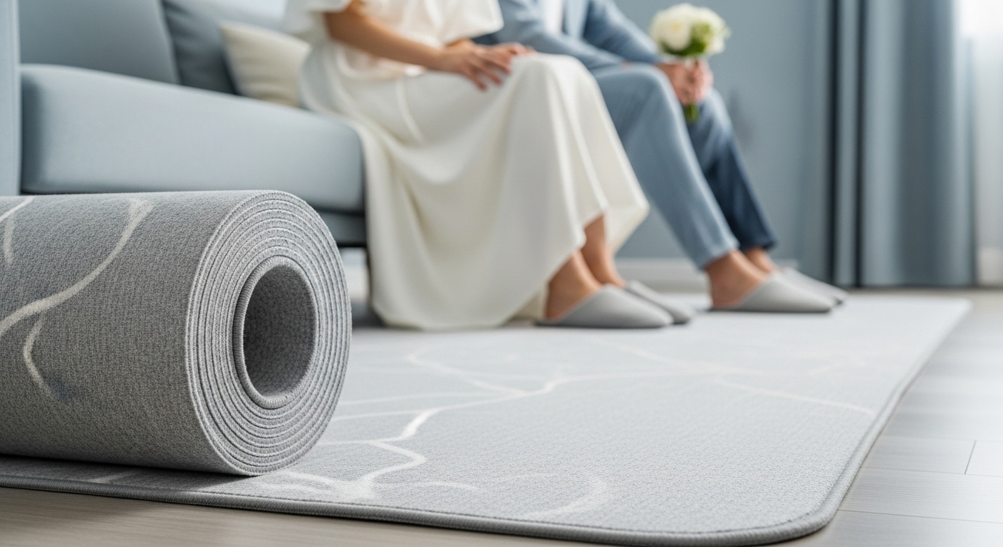 모던한 거실 바닥에 깔린 두꺼운 회색 롤 매트 위에서 실내화를 신은 신혼부부의 발. 층간 소음을 줄이는 바닥재 인테리어.