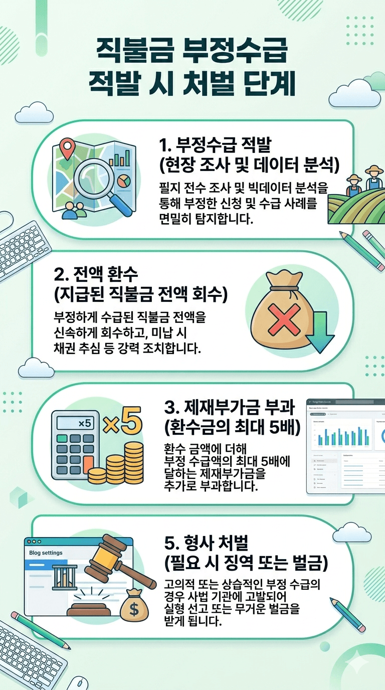 직불금부정수급적발시 처벌단계 인포그래픽