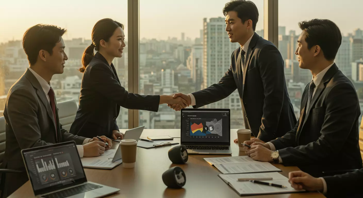 AI 오디오북 제작 비즈니스 모델 - B2B 출판사 대상, B2C 자가출판 작가 대상, 프리랜스 서비스의 수익 구조를 보여주는 비즈니스 미팅