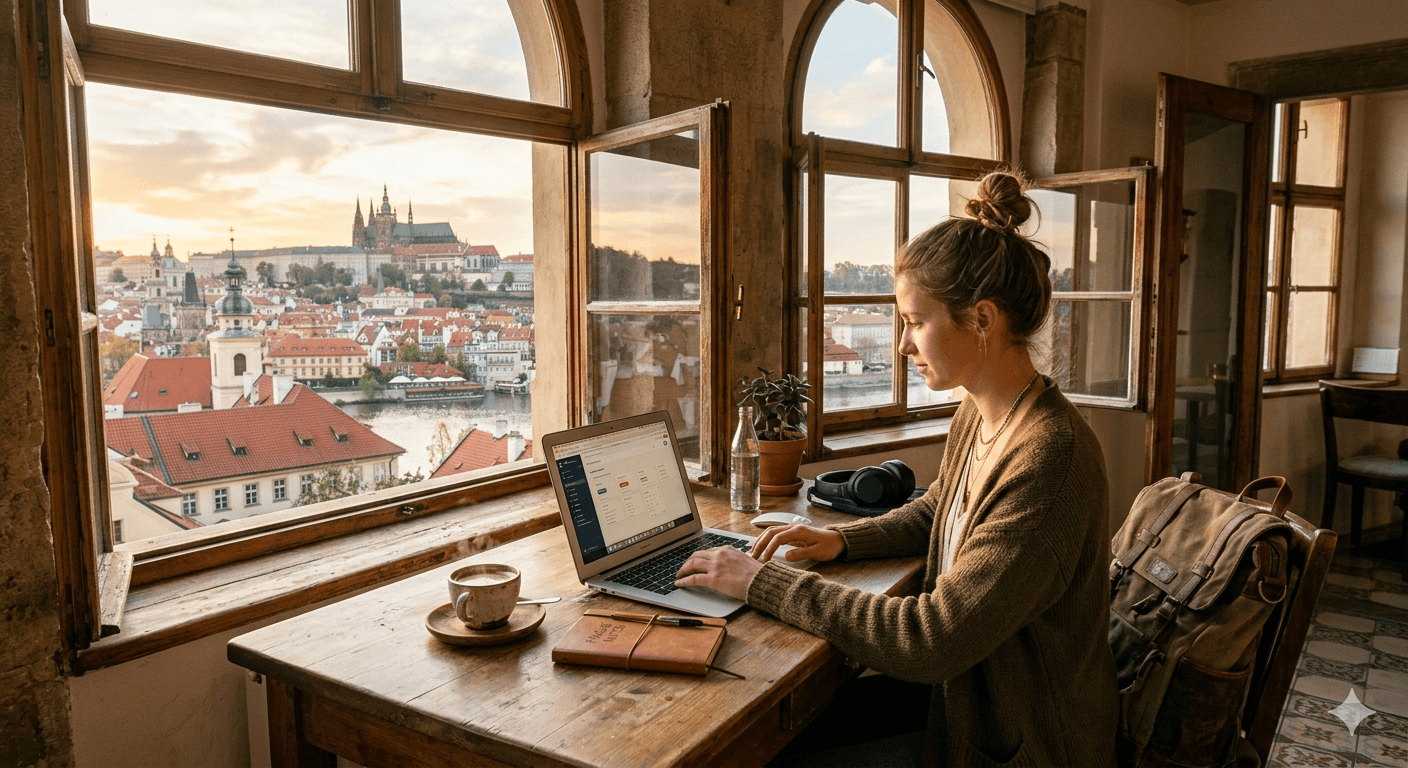 프라하의 붉은 지붕을 조망하며 작업할 수 있는 이상적인 노마드 데스크 세팅