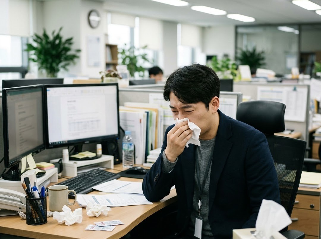 감기 기운으로 코를 푸는 직장인