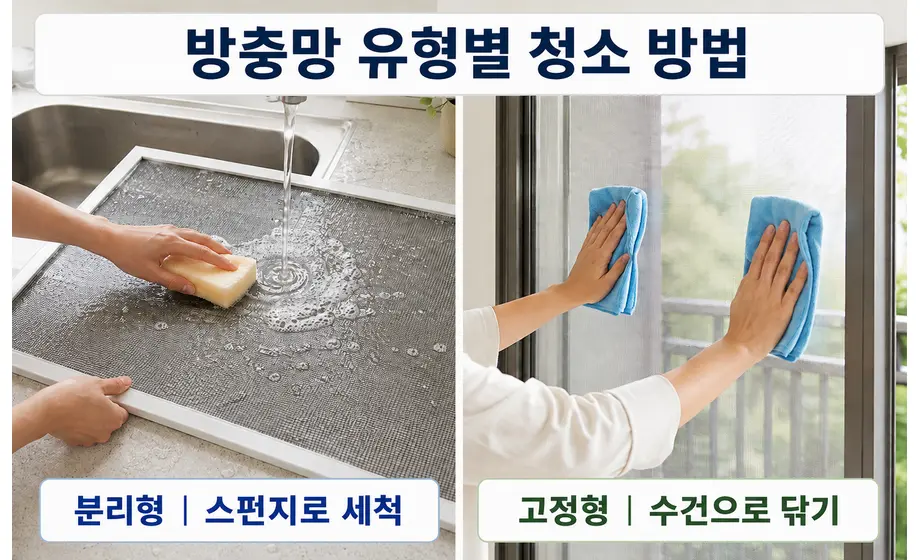 분리형과 고정형 방충망의 유형별 청소 방법 비교