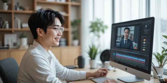 컴퓨터로 AI 영상 제작 작업을 하는 자연스러운 순간