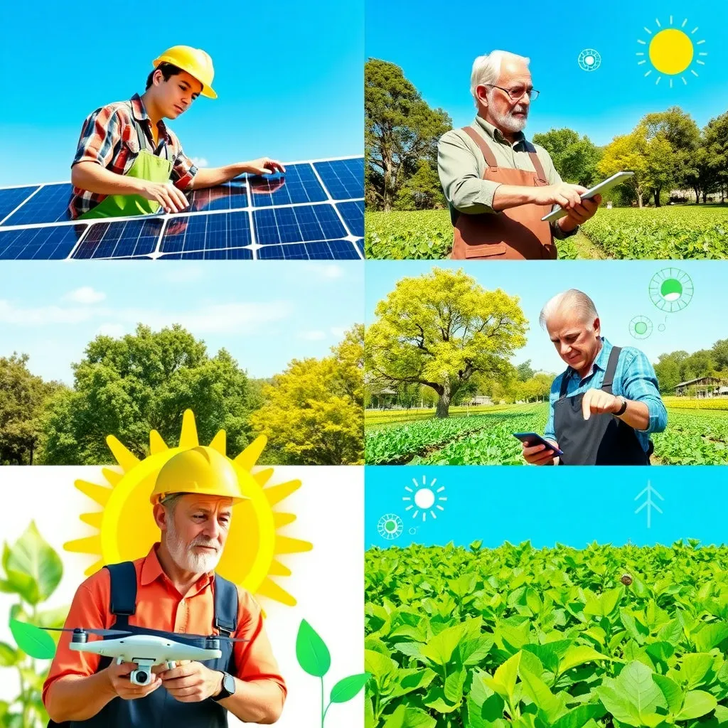 다양한 연령대의 사람들이 태양광 발전 유지보수, 환경 컨설팅, 스마트 농업 등 친환경 분야에서 활기차게 일하는 모습을 담은 콜라주 형태의 이미지입니다.