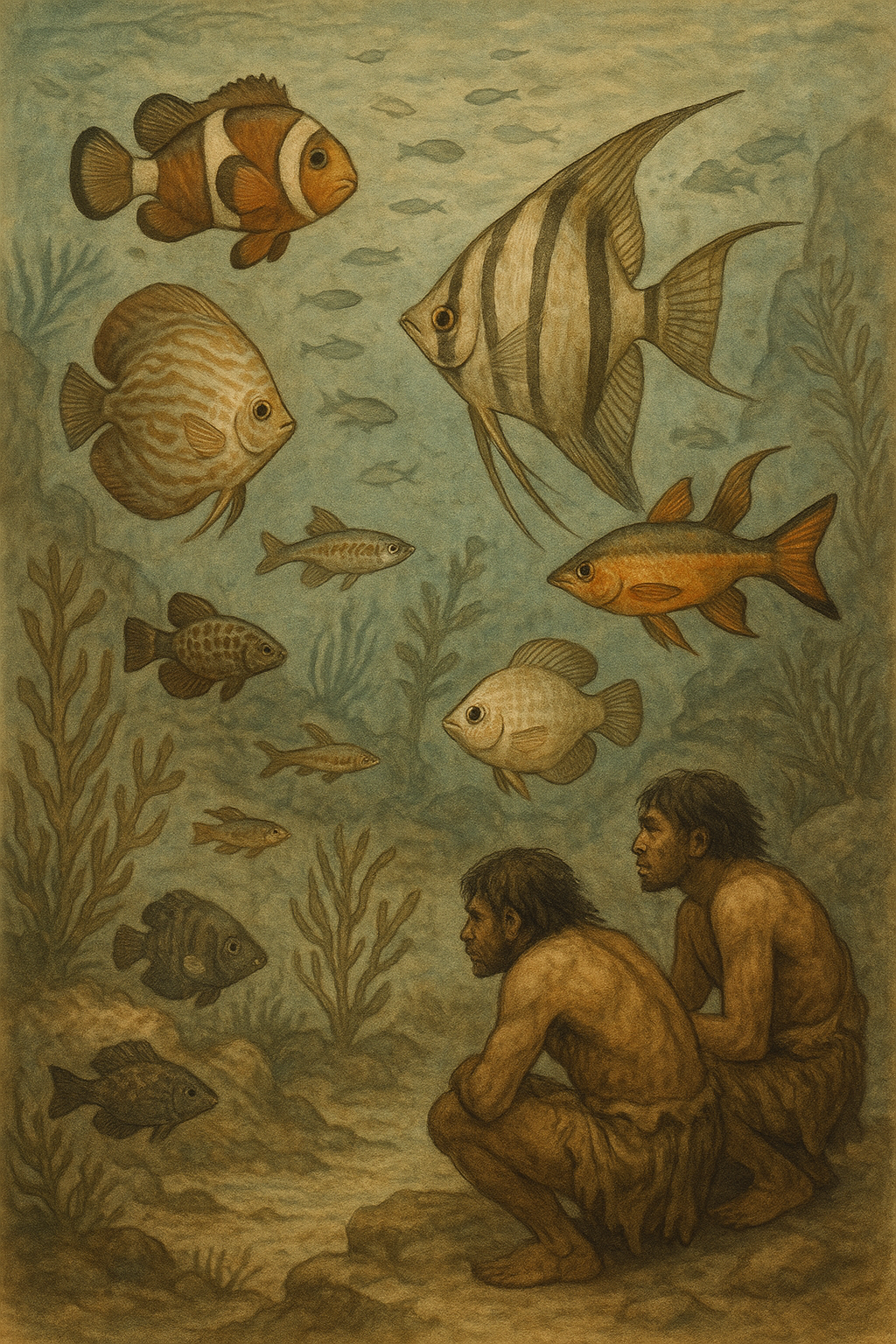 다양한 색상의 열대어들이 수초와 함께 어우러진 수족관 속에서 유유히 헤엄치고 있는 장면. 배경에는 고대 문명의 유적과 수생 식물이 어렴풋이 보이며, 열대어의 기원과 역사를 상징적으로 나타내는 요소들이 함께 배치되어 있다.