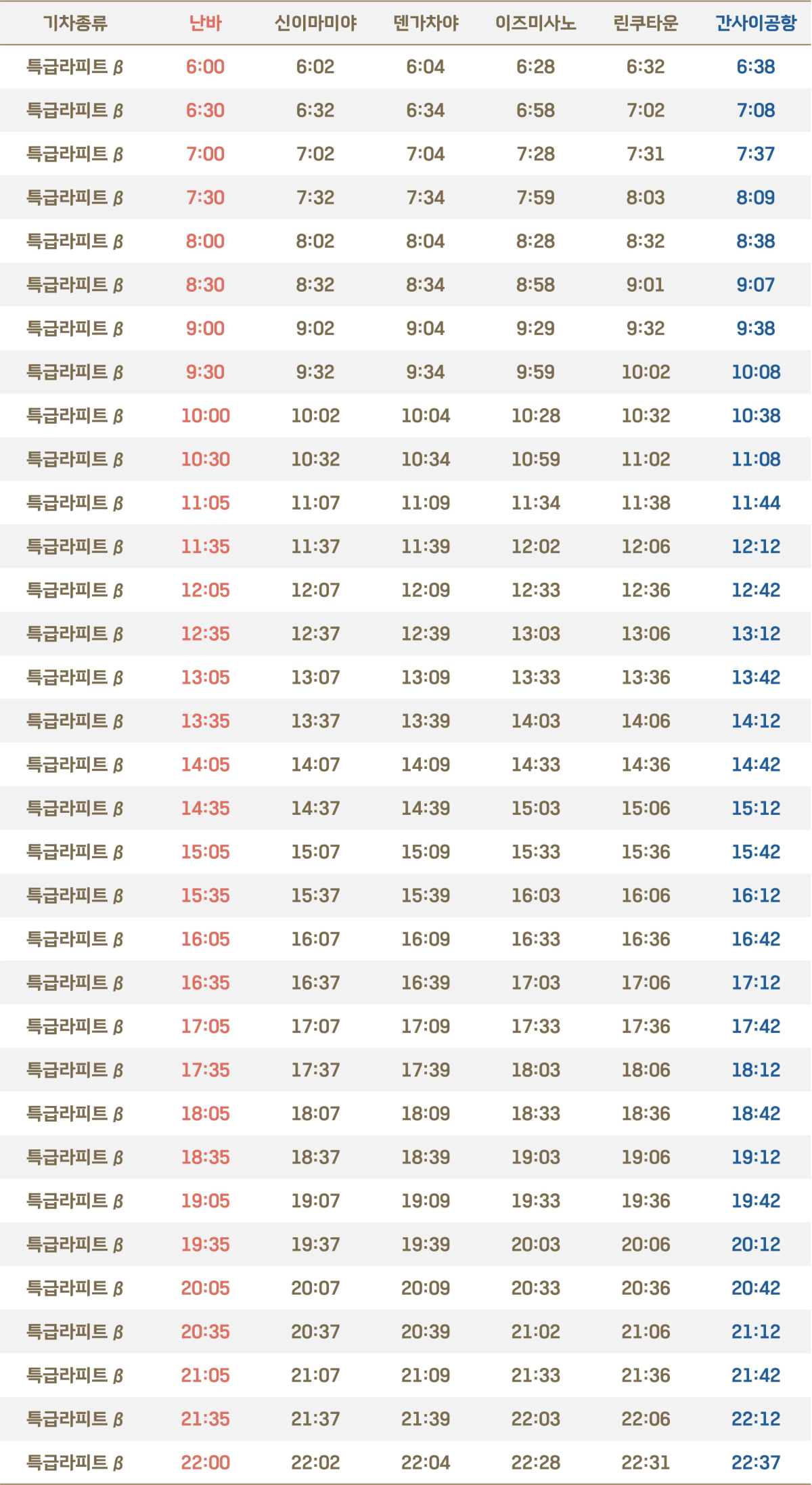 라피트 시간표(하행, 주말)