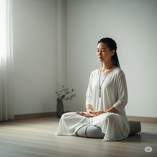 조용한 방에서 명상하는 여성